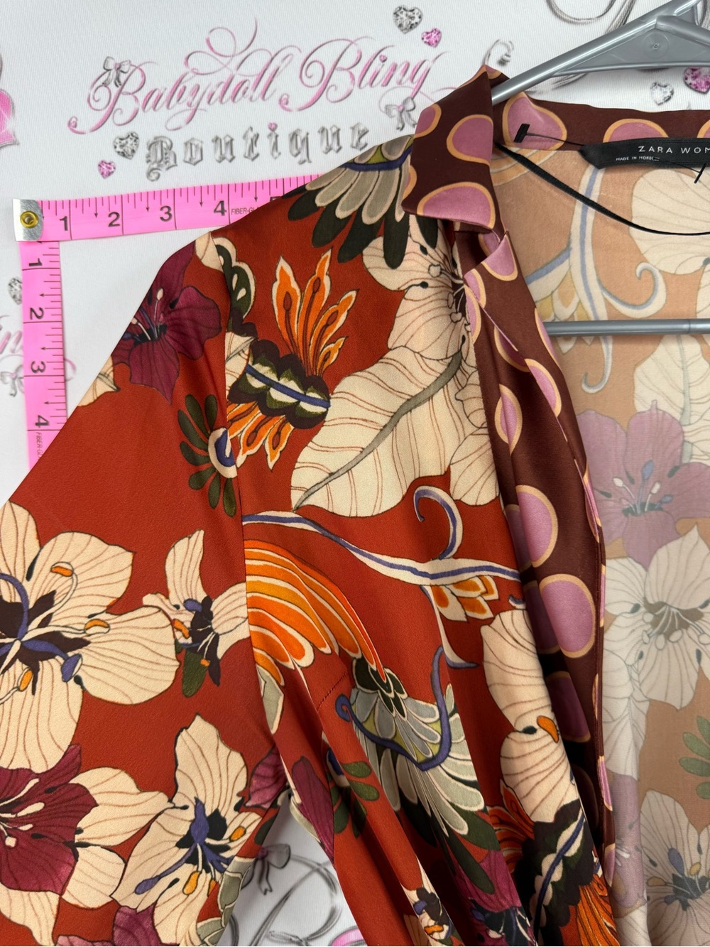 Zara shirt blouse belted tie Rust Floral Tie-Front Blouse with Pink Polka Trim - Picture 4 of 9